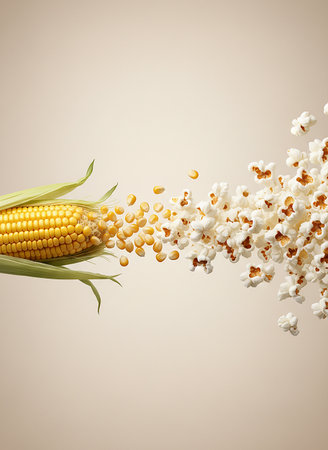 popcorn and corncob on brown background. 3d illustrationの素材