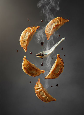 Falling empanadas with coffee and smoke on dark gray backgroundの素材
