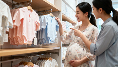 pregnant woman choosing baby clothes in clothing store, asianの素材
