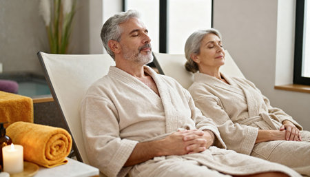 Relaxed senior couple relaxing in spa salon and looking at each otherの素材