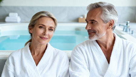Portrait of happy mature couple in bathrobes looking at cameraの素材