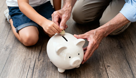 cropped shot of grandfather and grandson putting coin into piggy bankの素材