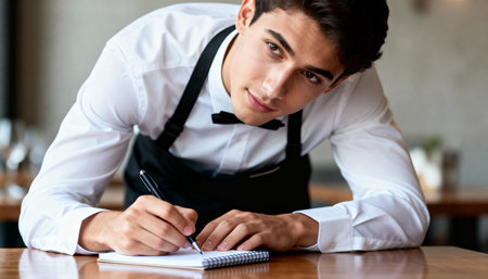 Portrait of handsome young waiter writing in notebook in cafeの素材