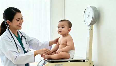 Pediatrician doctor examining little baby on scales in hospital. Health care and medical concept.の素材