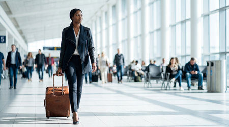 Young african american businesswoman walking with suitcase in airport terminalの素材