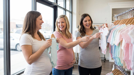 Portrait of smiling pregnant women choosing clothes in clothing store during pregnancyの素材