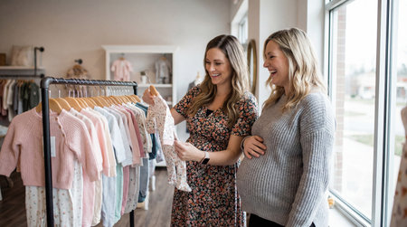 Portrait of smiling female friends looking at clothes in boutique on a sunny dayの素材