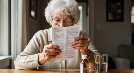 Elderly woman reading a medical prescription at the table at homeの素材