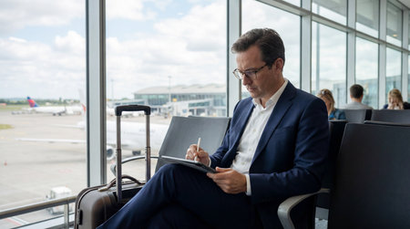 Mature businessman using tablet computer while waiting for flight at airport terminalの素材