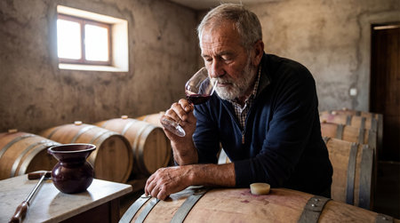 Senior man tasting red wine in winery cellar. Wine tasting conceptの素材