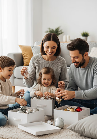 happy family decorating christmas tree together at home in living roomの素材