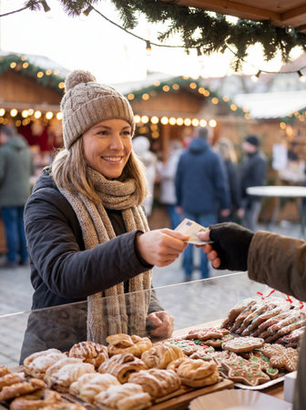 Smiling woman buying gingerbread cookies on Christmas market. Focus on womanの素材