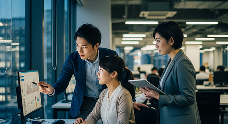 Young Asian business people working together in the office. Teamwork concept.の素材