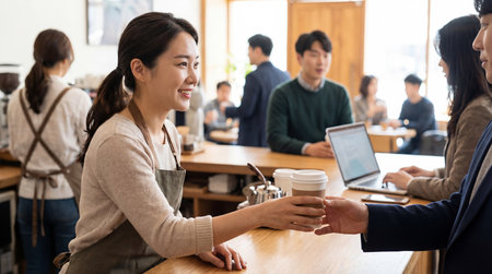 Young asian businesswoman holding coffee cup and talking with colleague in coffee shopの素材