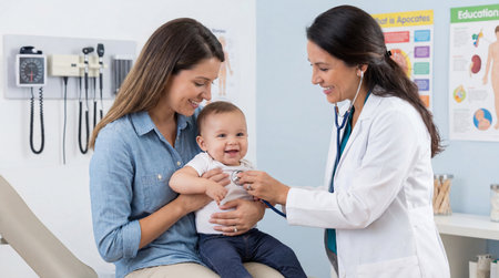 Pediatrician using stethoscope to listen to baby in clinicの素材