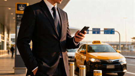 Businessman using mobile phone on the street with yellow taxi car backgroundの素材