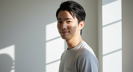 Portrait of a handsome asian man smiling in a white roomの素材