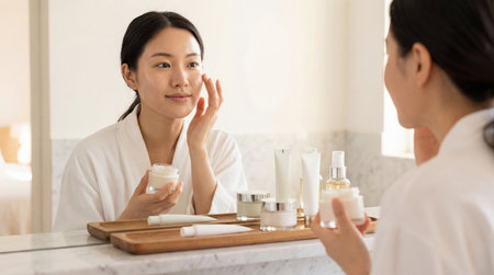 Young asian woman applying cream on face in front of mirror in bathroomの素材