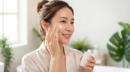 beauty asian woman applying moisturizer cream on face at homeの素材