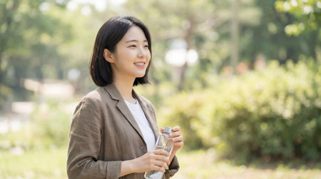 Woman drinking water in the park with smiley face, asianの素材