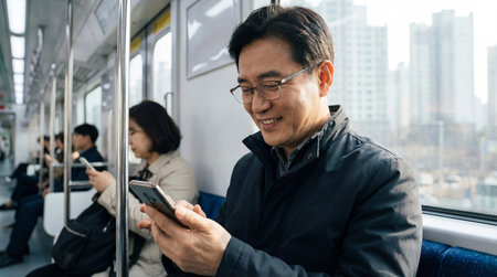 asian man using mobile phone in public transport with cityscape backgroundの素材