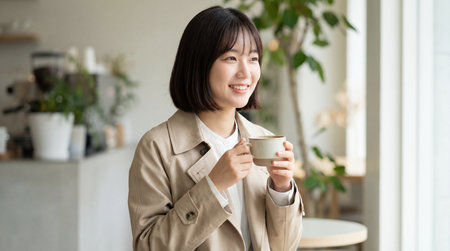 Young businesswoman drinking coffee at office. Asian woman holding a cup of coffee.の素材