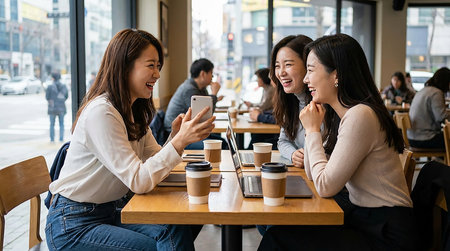 Group of happy asian women sitting in a coffee shop and using mobile phoneの素材