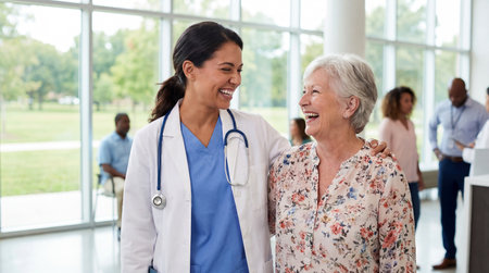 Portrait of smiling nurse and senior patient in hospital corridor with doctorの素材