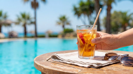 Close-up of female hand holding glass of refreshing cocktail with orange and lemon on wooden table near swimming poolの素材