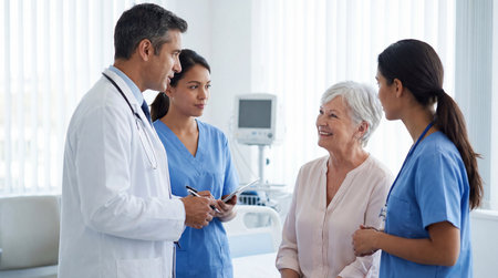 Doctor and nurse talking to senior patient in hospital ward. Healthcare and medical service.の素材