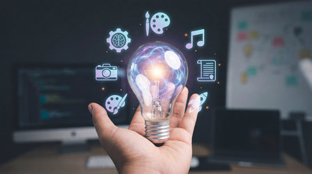 Businessman holding a glowing lightbulb with multimedia icons flying aroundの素材