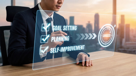 Businessman using touch screen interface to select digital marketing strategy in the online store.の素材