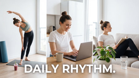 Healthy lifestyle concept. Young woman using laptop while doing yoga at home.の素材
