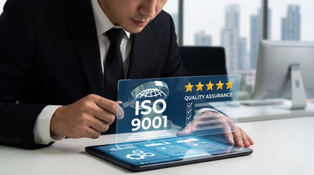 Businessman using tablet to evaluate quality of service provided by ISO certification.の素材