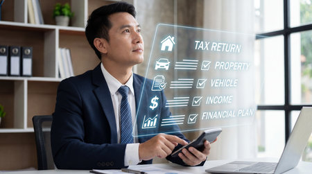 Businessman using smart phone and digital tablet with internet of things (IoT) diagram on screen.の素材