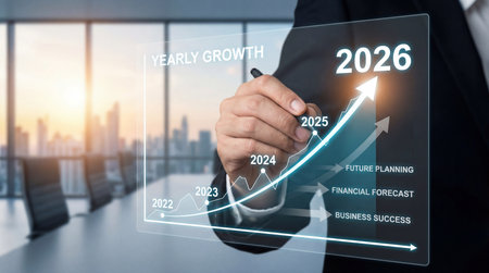 businessman hand drawing growth graph on virtual screen with cityscape backgroundの素材