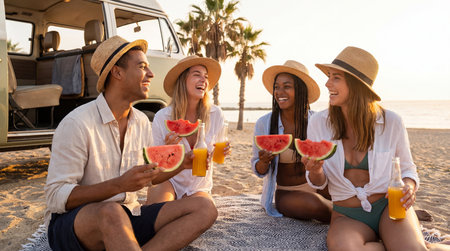 Multi-ethnic group of friends having fun on the beach, drinking juice and eating watermelonの素材