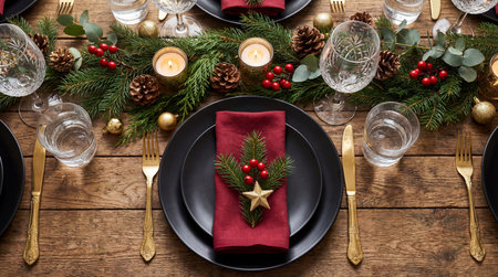 Christmas table setting. Festive table setting for Christmas dinner on wooden background.の素材