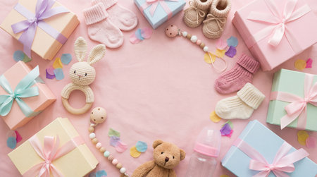 Flat lay of baby shower concept with copy space on pink backgroundの素材