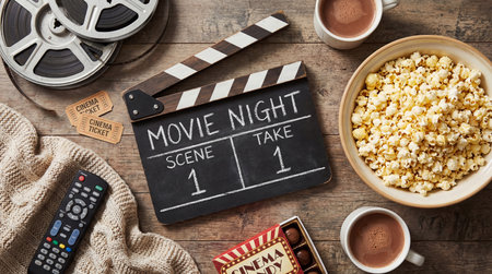 Movie night concept. Movie clapper board, popcorn, film reel and cups of coffee on wooden backgroundの素材