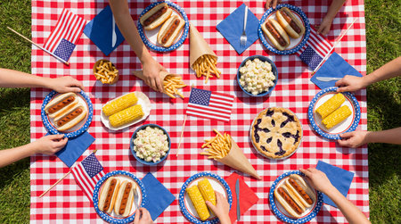 Patriotic picnic in the park. Top view of a group of people having a picnic outdoors.の素材