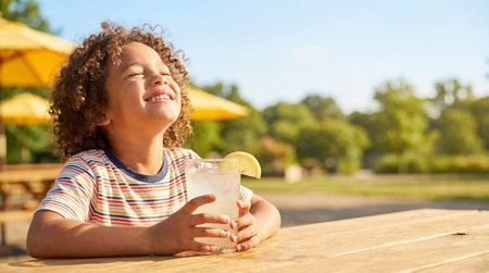 Cute african american child drinking lemonade in the parkの素材