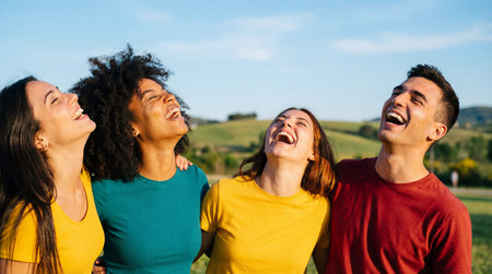 Group of friends laughing and having fun in a field in the countrysideの素材