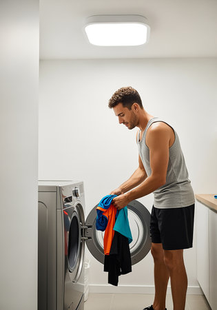 Handsome young man in sportswear doing laundry at homeの素材