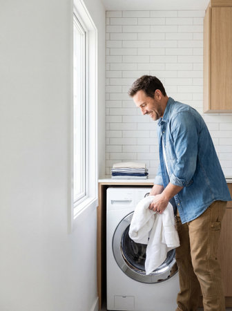 Smiling man putting clothes into washing machine in the kitchen at homeの素材