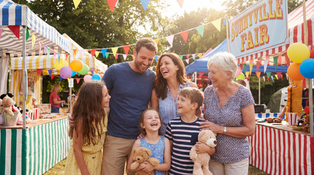 Portrait of a happy family with children at a birthday party outdoorsの素材