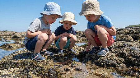 Three boys sitting on a rock at low tide with oysters in the backgroundの素材