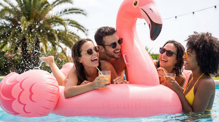 Group of friends having fun in swimming pool with inflatable flamingoの素材