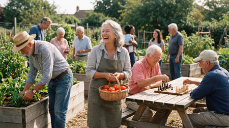 Group of senior people gardening together in the garden on a sunny dayの素材