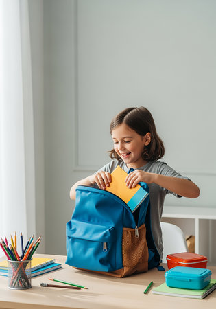 smiling schoolgirl sitting at table with backpack and notebooks at homeの素材